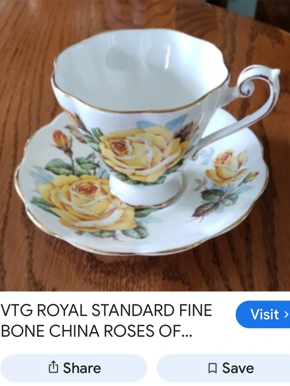 2987*Vintage White Porcelain Tea Cup & Saucer with Yellow Rose Motif & Gold Trim